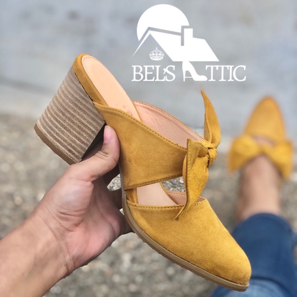 Mustard Stacked Leather Block Heel Bow Mule - Picture 3 of 8